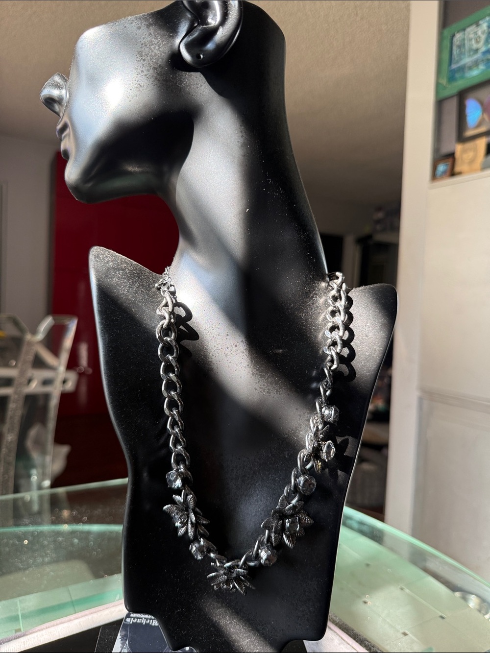 Statement Silver -Tone Floral Link Metal And Cristal Necklace - Women Jewelry